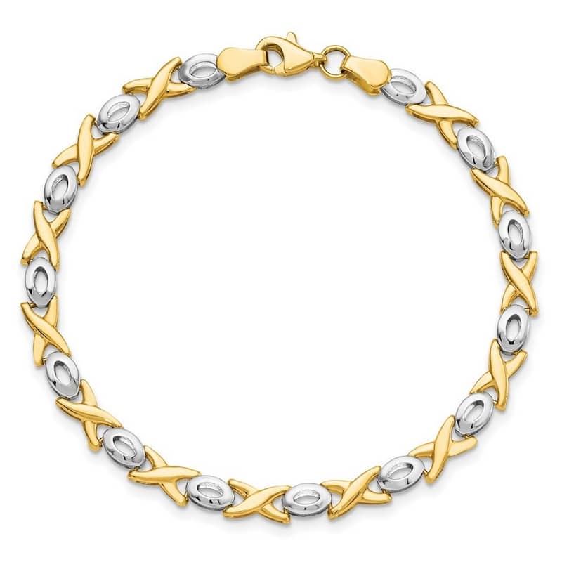 Curata 14k Two tone Gold 7.25" 7mm XOXO Hugs Kisses Stampato Bracelet