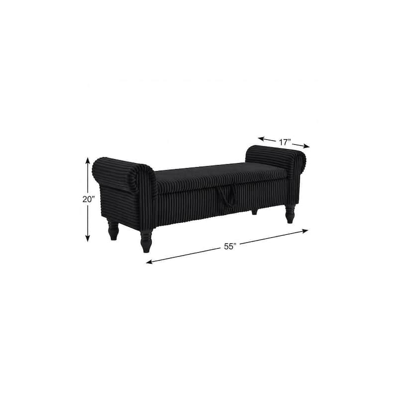 HomeRoots 55" Black Corduroy and Solid Wood Upholstered Storage Bench With Flip Top - 55.00 in. x 20.00 in. x 17.00 in.