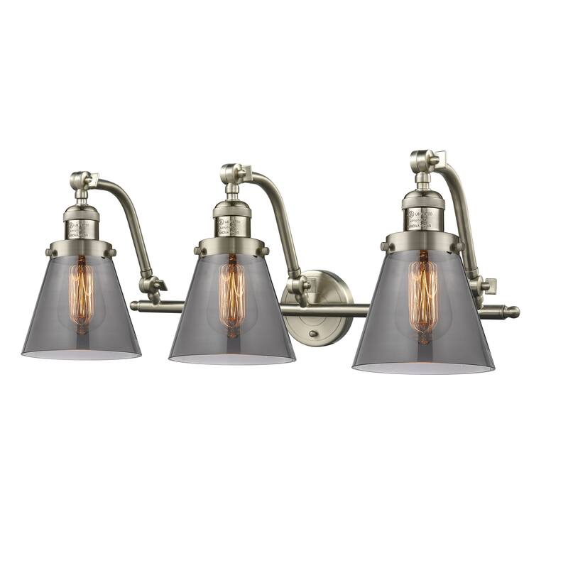 Innovations Lighting Small Cone 3 Light 28" Wide Bathroom Vanity Light - Satin Brushed Nickel / Smoked