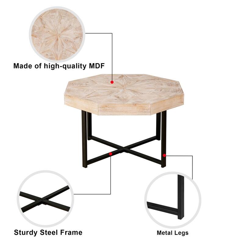 30" Octagonal Wood Coffee Table with Cross Metal Base, Farmhouse Vintage Style