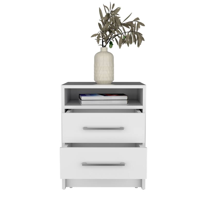 White Two-Drawer Nightstand with Semi-Open Shelf, 19.9\