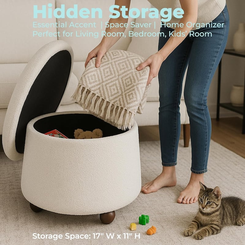 Modern Mushroom Round Ottoman with Storage and Plush Teddy Upholstery