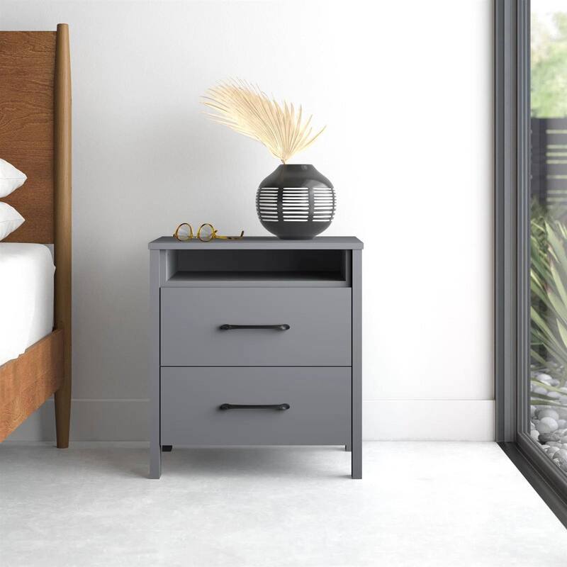Modern 2-Drawer Bedside Table Nightstand with Shelf Wood Minimalist Bedroom Furniture