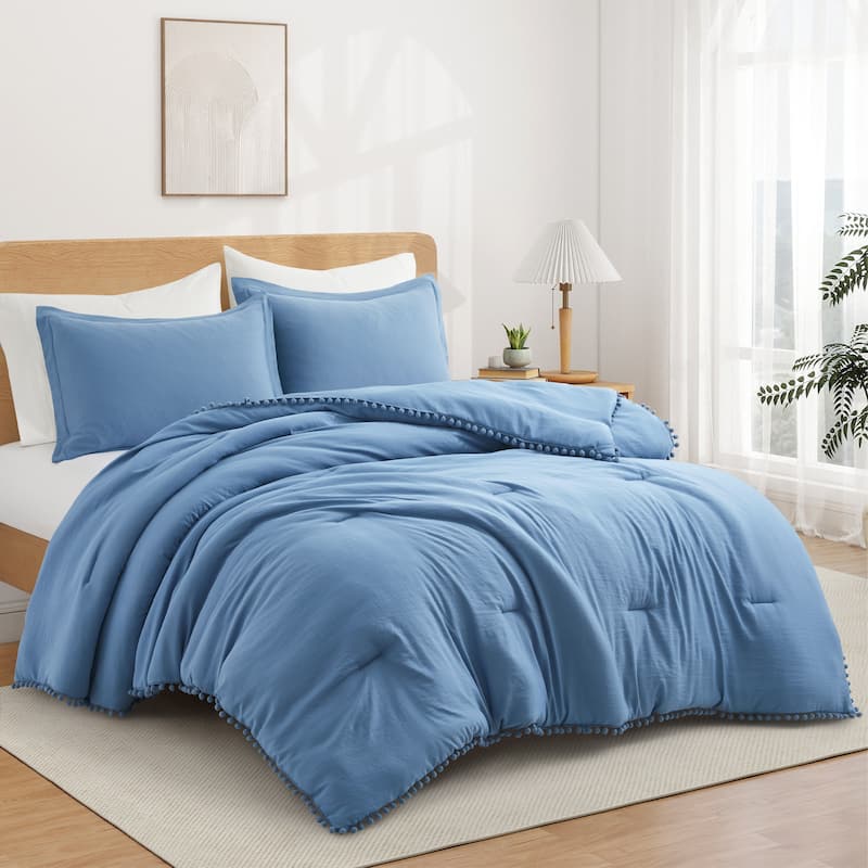 All Season Ball Pom Design Comforter Set with Pillowcases, Pom Pom Fringe Bedding Set