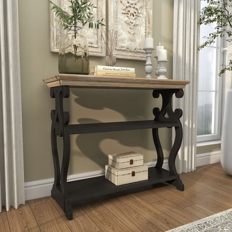 White Wood Scroll Side Frames 2 Shelf Console Table with Brown Wood Top - White or Black