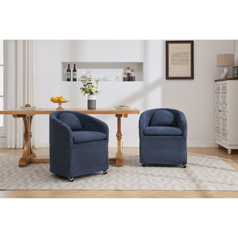 Set of 1 Chenille Fabric Dining Armchair With Back Cushion and Universal Wheels,Blue