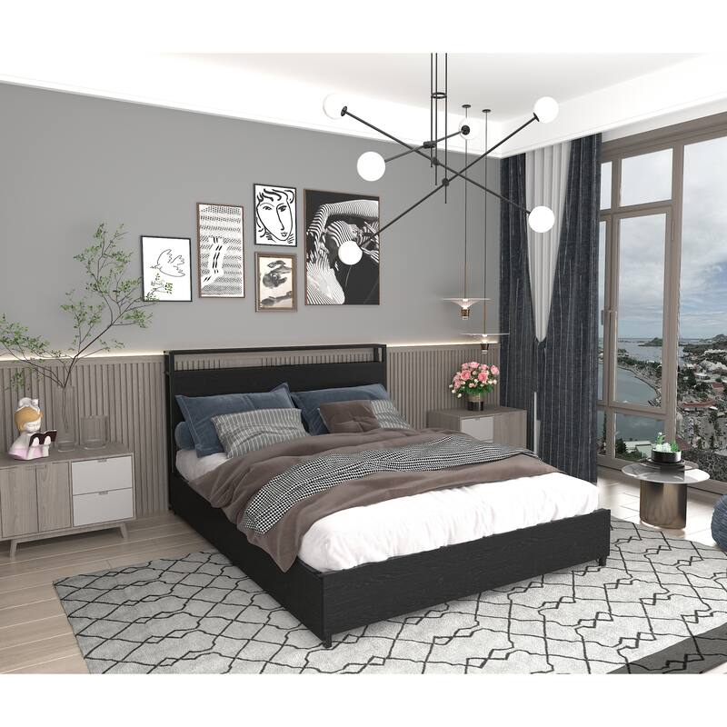 King Size Platform Bed with LED Lights And Charging Station , 4 Drawers, RGB Headboard Lighting, USB Ports