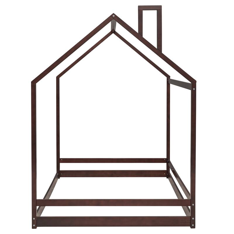 Full Size House Bed Wood Bed Low House Playhouse Bed with Headboard and Footboard, Toddler Floor Bed Frame for Boys, Girls