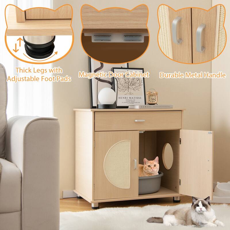 Cat Litter Box Enclosure with Sisal Scratching Doors and Storage-Natural - 26.5" x 19" x 26" (L x W x H)