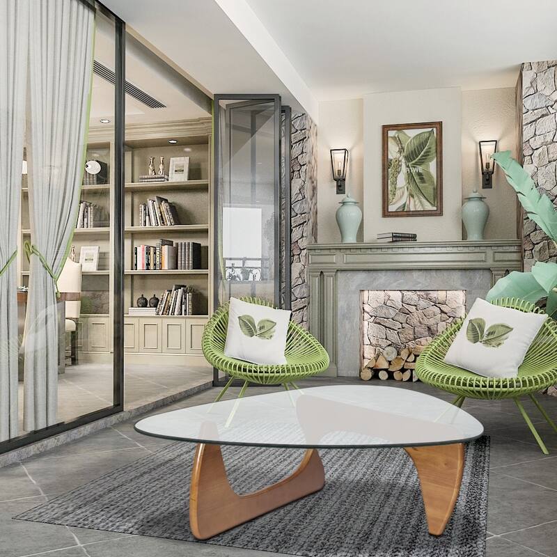 Triangle Glass Coffee Table with Solid Wood Base for Living Room