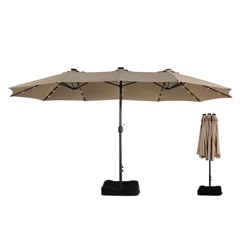 Clihome 15FT Double-Sided Solar Light Market Crank Umbrella with Base