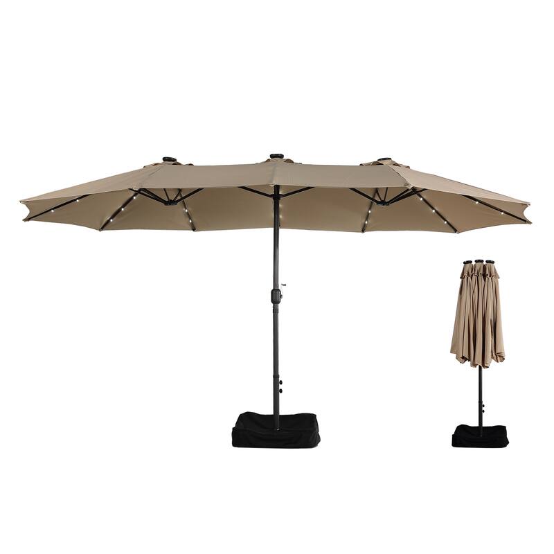 Clihome 15FT Double-Sided Solar Light Market Crank Umbrella with Base