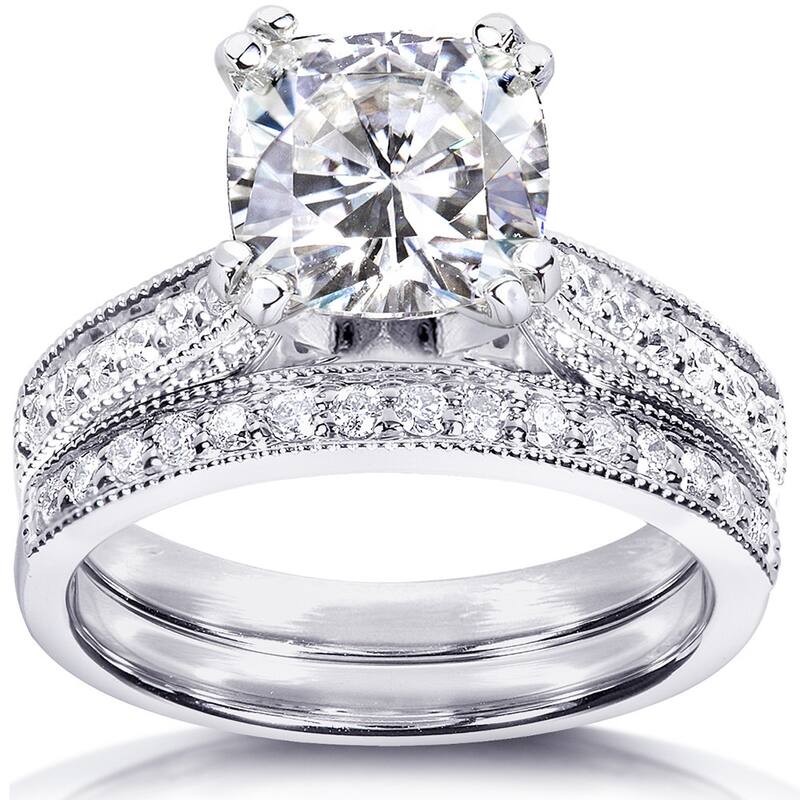 Kobelli 2.33 Carats Moissanite & Natural Diamond Solid 14k White Gold Antique Style Sophie 2pc Bridal Set