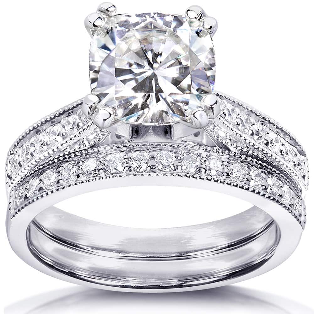 Kobelli 2.33 Carats Moissanite & Natural Diamond Solid 14k White Gold Antique Style Sophie 2pc Bridal Set
