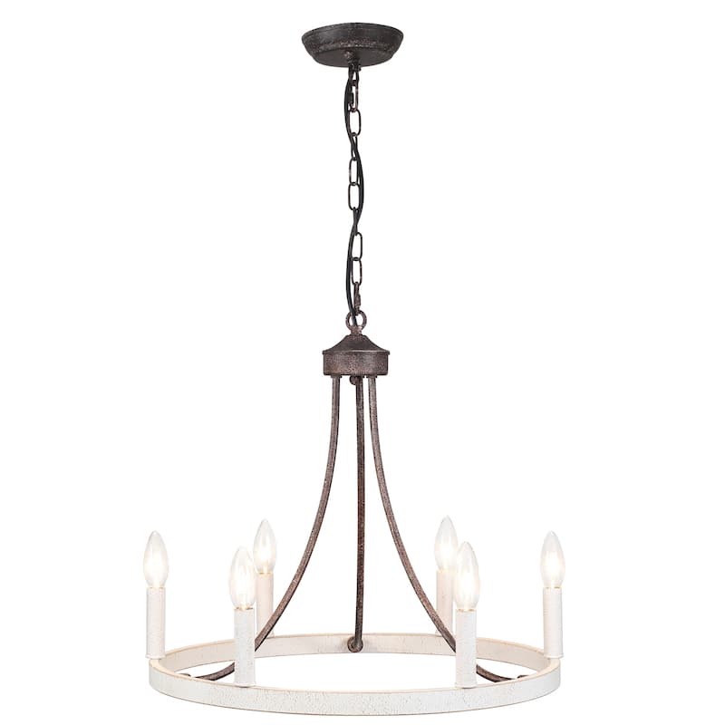 6-Light Farmhouse Chandelier, Modern Wagon Wheel Chandelier for Dining Room Living Room Bedroom Kitchen - Antique Black and Distressed White