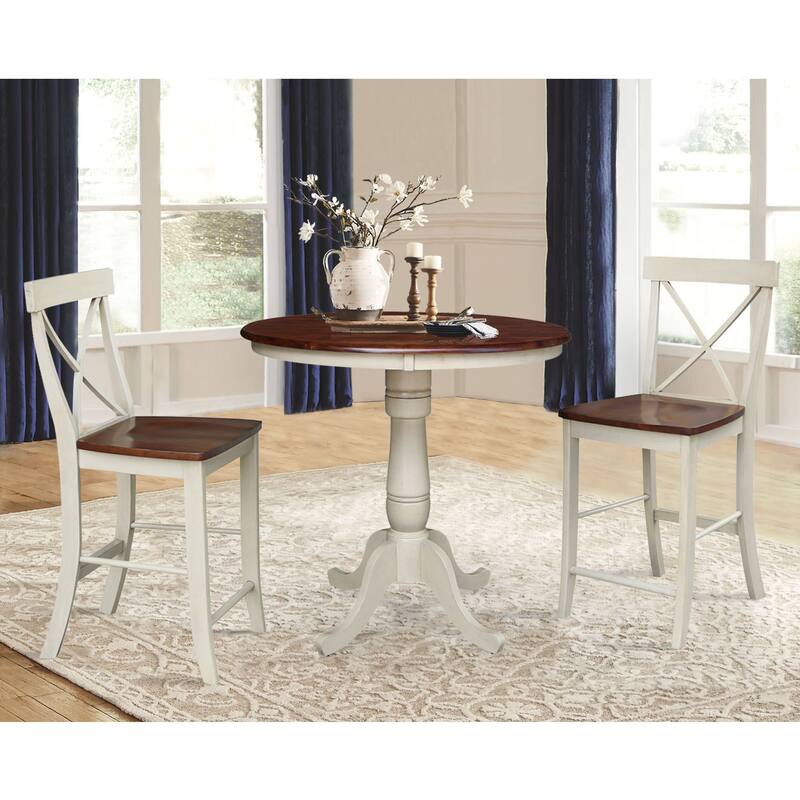 International Concepts 36" Round Pedestal Table with 2 X-back Counter Height Stools - Set of 3
