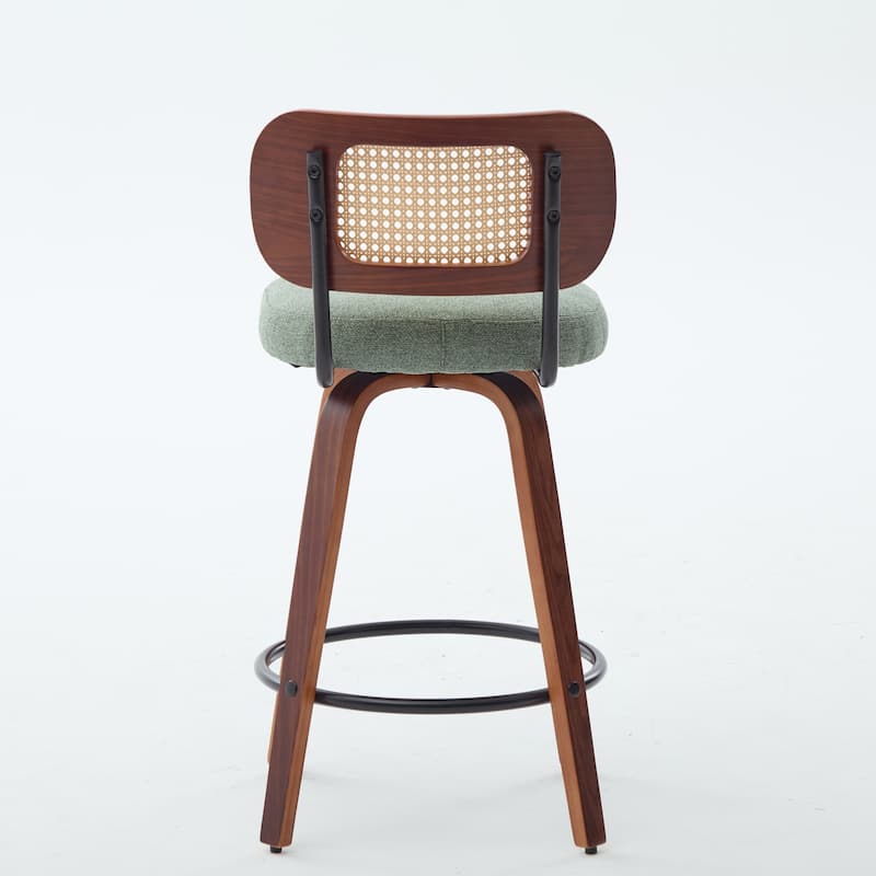 Linen Upholstered Swivel Bar Stools Set of 2, Counter Height Bar Stools with Rattan Back, Kitchen Island Chairs with Footrest