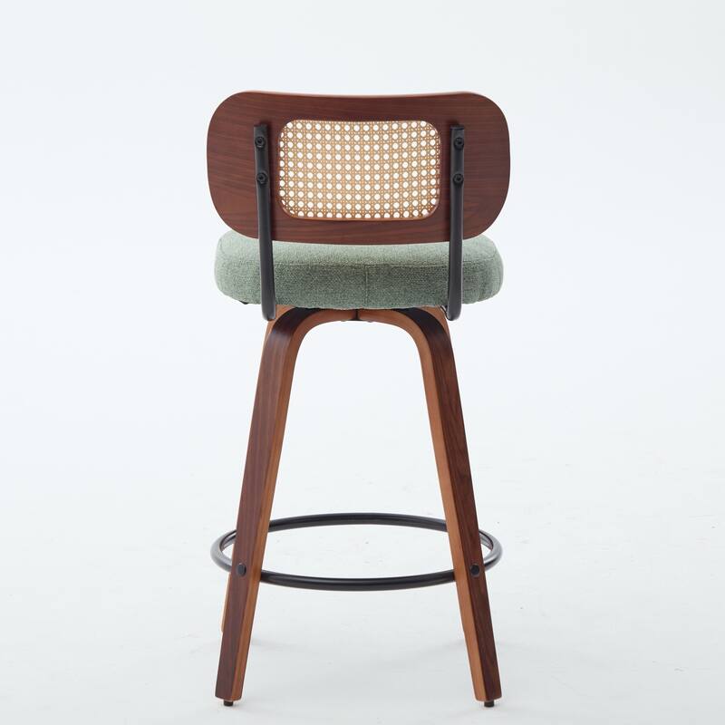 Set of 2, 26-Inch Counter Height Bar Stools - Cane Rattan Back, Linen Upholstered Seat, Swivel Design for Kitchen