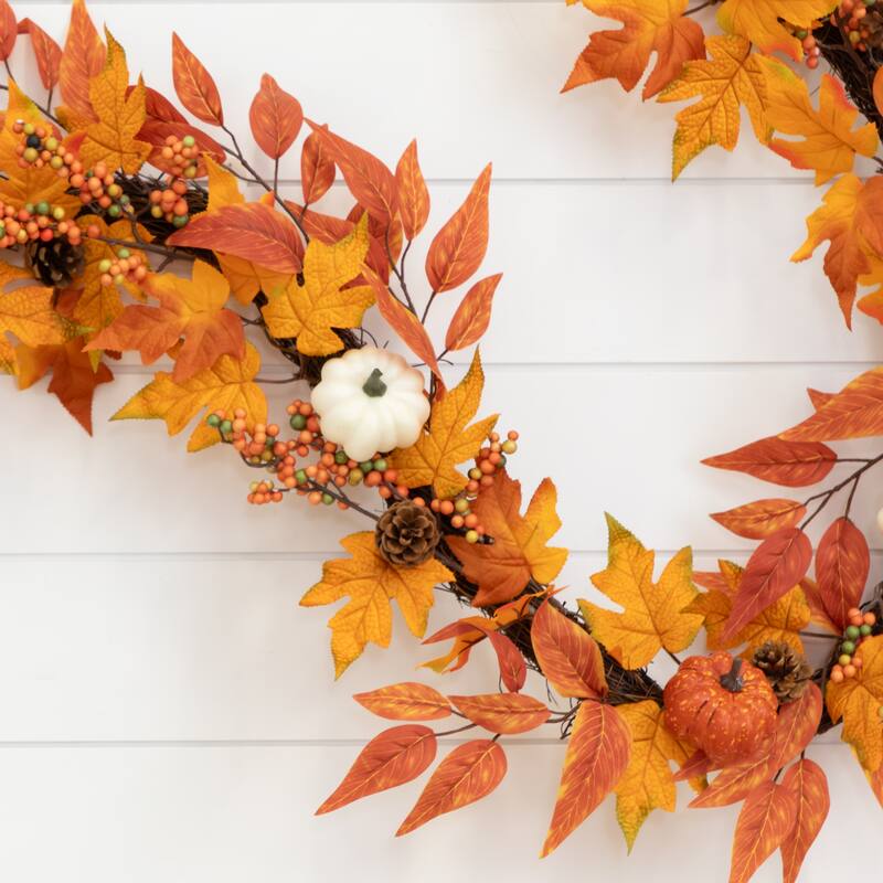 6' Assorted Autumn Maple Leaves, Berries and Pinecone Fall Garland - 72