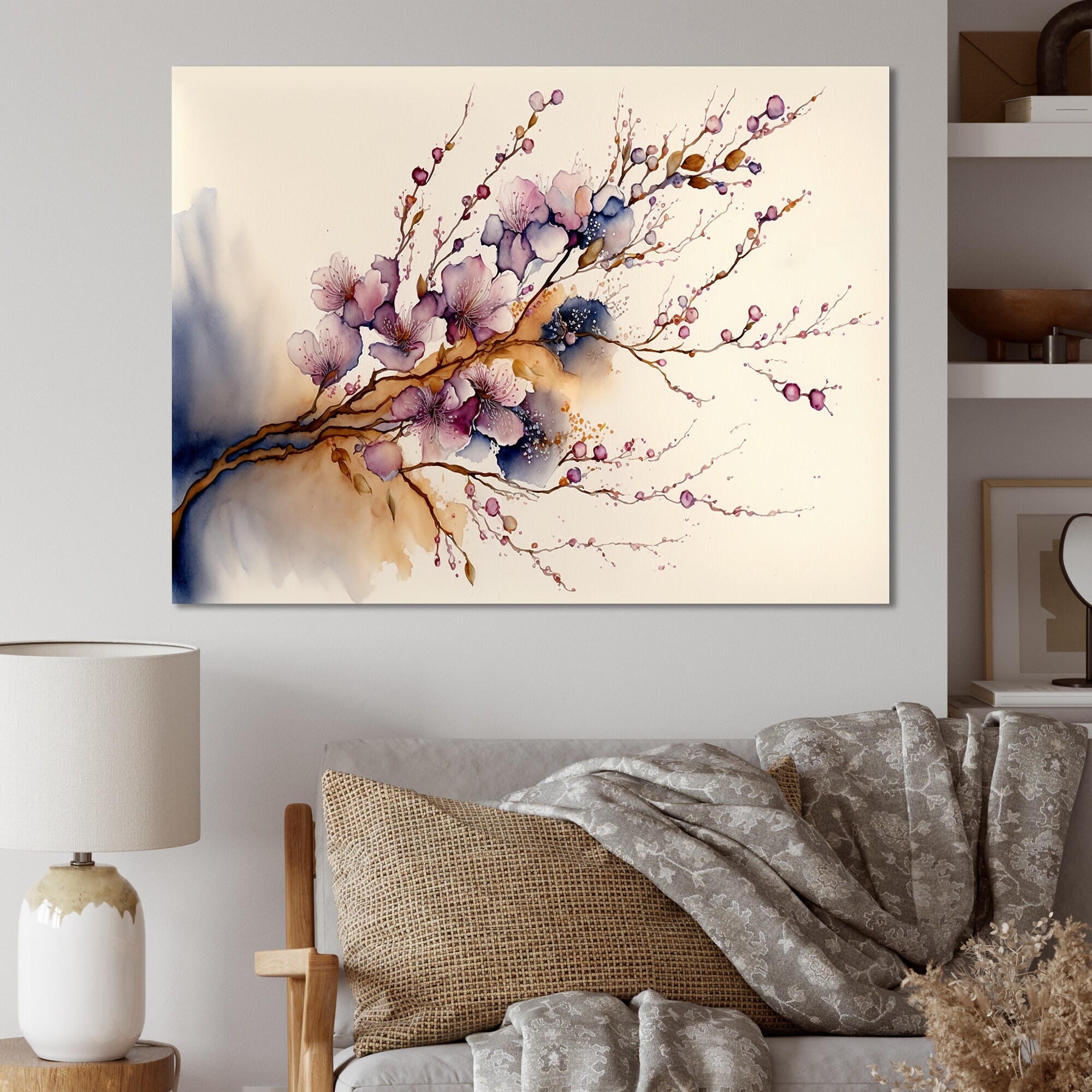 Designart 'Pink And Plum Cherry Blossom Branch III' Modern Canvas