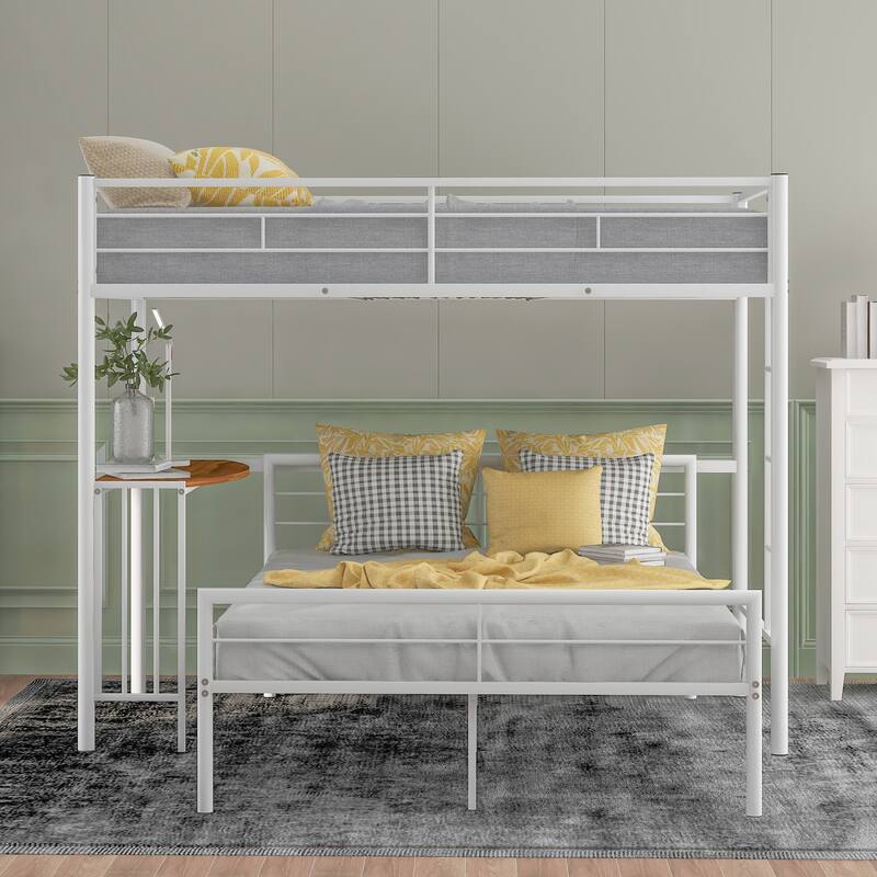 L-Shaped Metal Bunk Bed w/Built-in Desk & Ladder, Twin Over Full Size