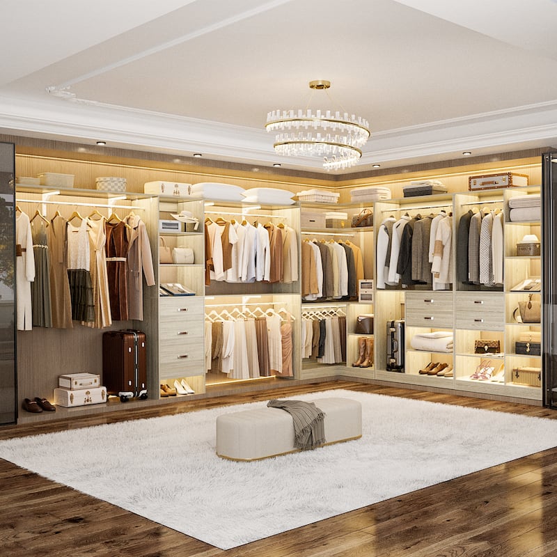 Navada 79'' - 110'' Freestanding Corner Closet System, Reversible Closet Organizer with Drawers and Hanging Rods