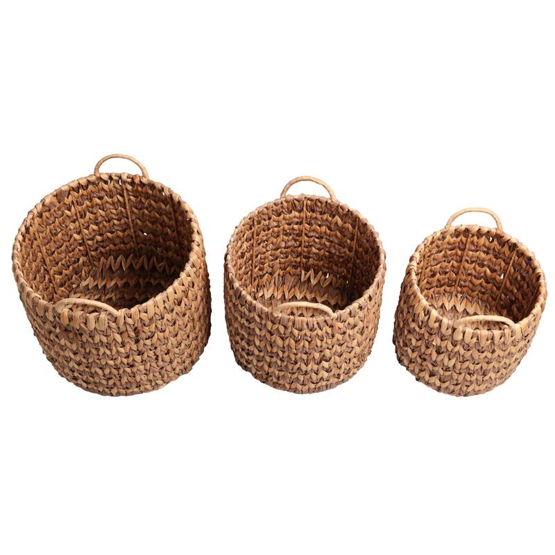 Coastal Handwoven Two-Tone Water Hyacinth Nesting Storage Baskets, Handles (Set of 3)