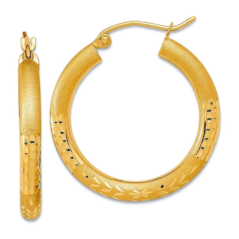Curata 14k Yellow or White Gold Satin Half Diamond Cut 26x3mm Classic Hoop Earrings - Yellow Gold