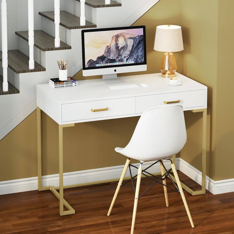 40" White and Gold Modern Computer Desk with 2 Drawers