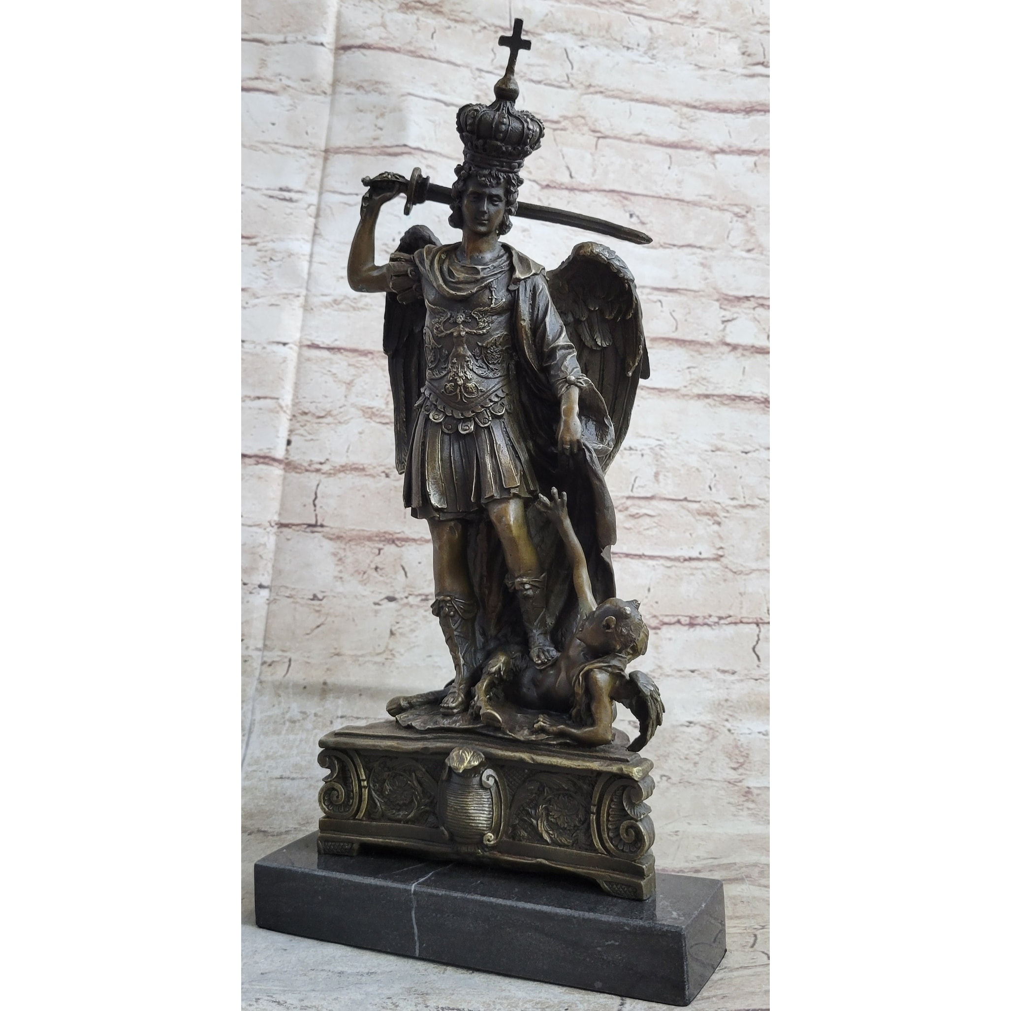 Saint Michael Archangel Slaying Lucifer Devil Religious Art Bronze Sculpture Statue Decor
