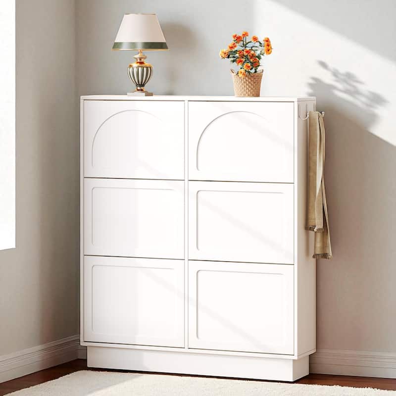 Narrow Shoe Cabinet with 6 Flip Drawers, Adjustable Partitions, Entryway Organizer with Hooks, MDF Veneer Finish - White