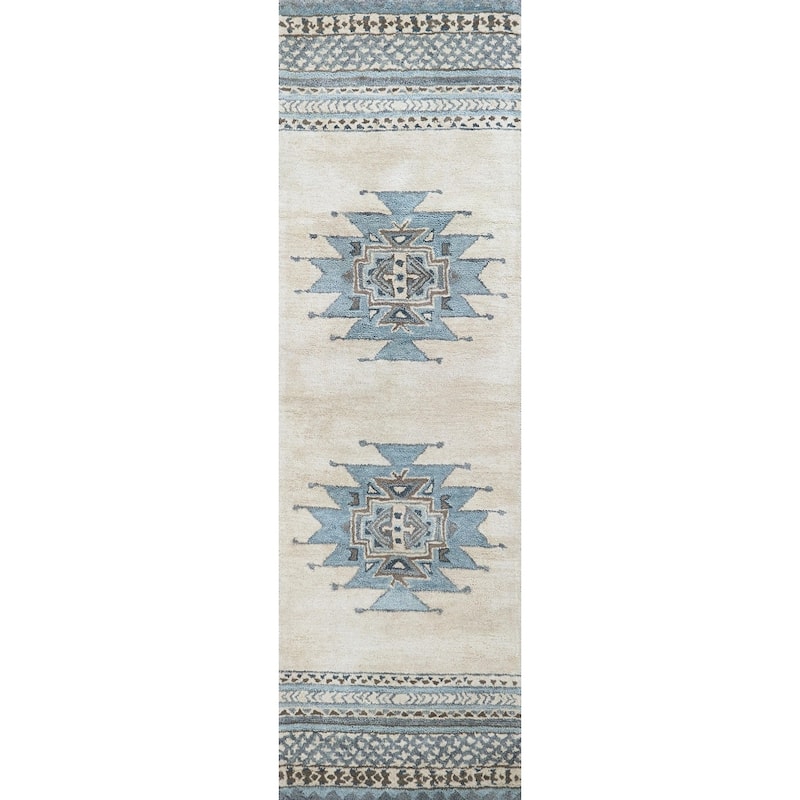 Alora Decor Ryder Ivory, Tan, Aqua, and Grey Hand-tufted Wool Rug - 2'6" x 8' - Blue