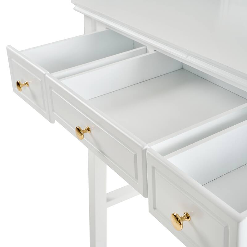 2-Piece Makeup Vanity Desk Set with PU Upholstered Stool, 5 Drawers Vanity Table Dressing Table with Swivel Vanity Mirror, White