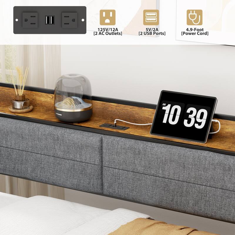 Twin Size Daybed with Trundle, Upholstered Storage Headboard, Charging Station, Black