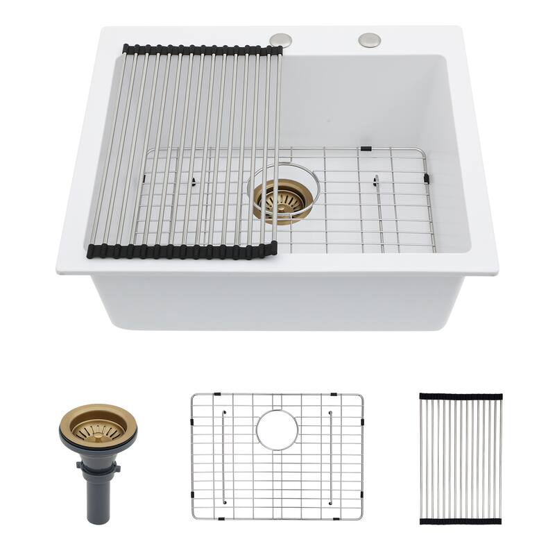 25" x 22" Drop-In Single Bowl Kitchen Sink with Grid, White Composite Granite, 9.65" Deep - White