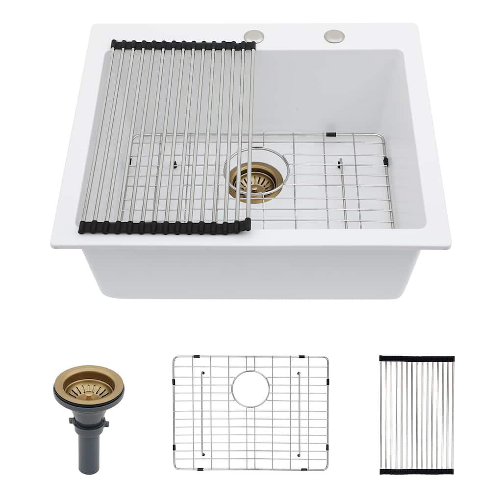 25" x 22" Drop-In Single Bowl Kitchen Sink with Grid, White Composite Granite, 9.65" Deep