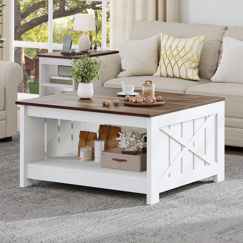 Moasis Farmhouse Coffee Table with Storage for Living Room Square Center Table - Walnut/White#2