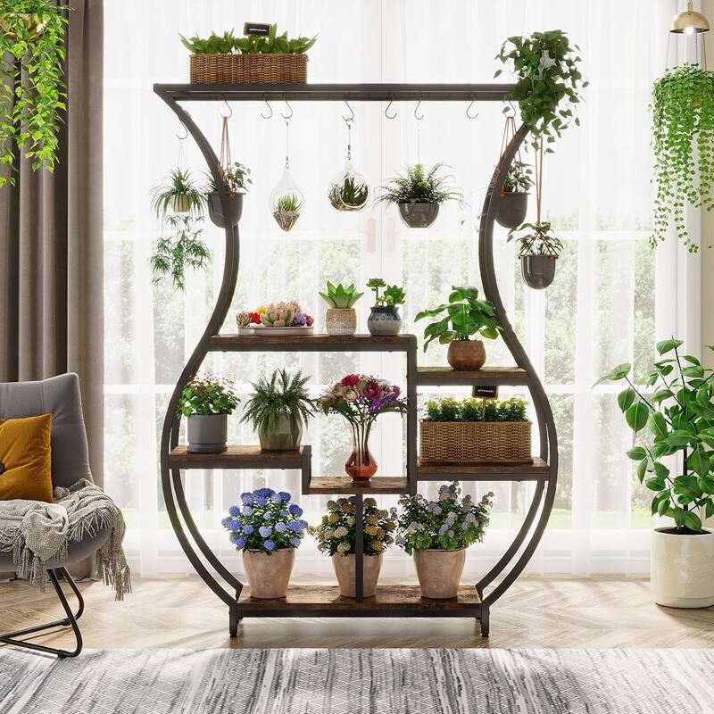 Black-Brown Metal and Particle Board Ladder Plant Stand with Hooks - 47.24” x 11.81” x 70.87”