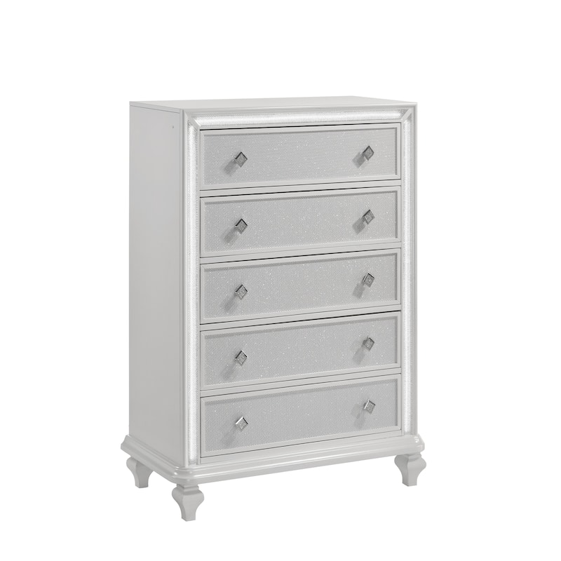 Stacy Tall Dresser Chest with 5 Drawers and LED Lights, White Wood