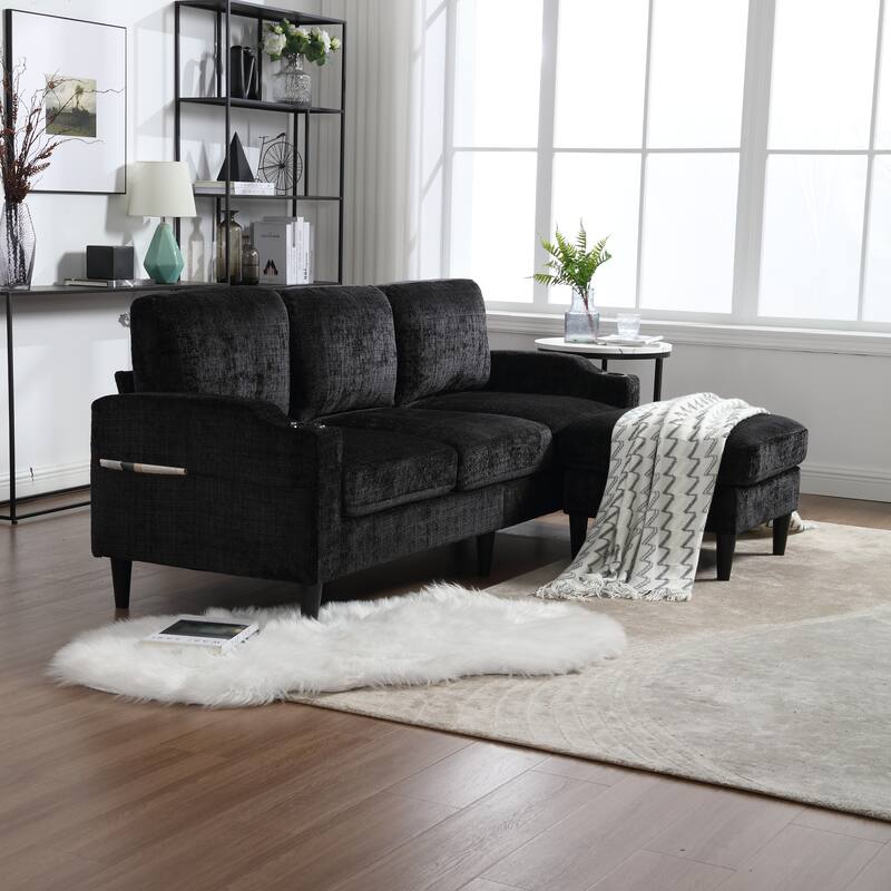 Modular Sectional Sofa with Storage Ottoman, Comfy Chenille Fabric Sofa, 3-Seater Sofa with Side Pockets & 2 Cup Holders