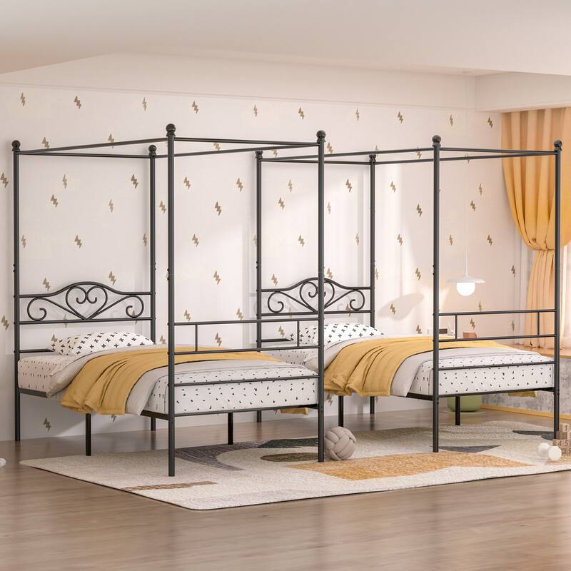 VECELO Twin Bed Set of 2 Canopy Bed Frame with Headboard and Footboard, Metal Four Posters Design