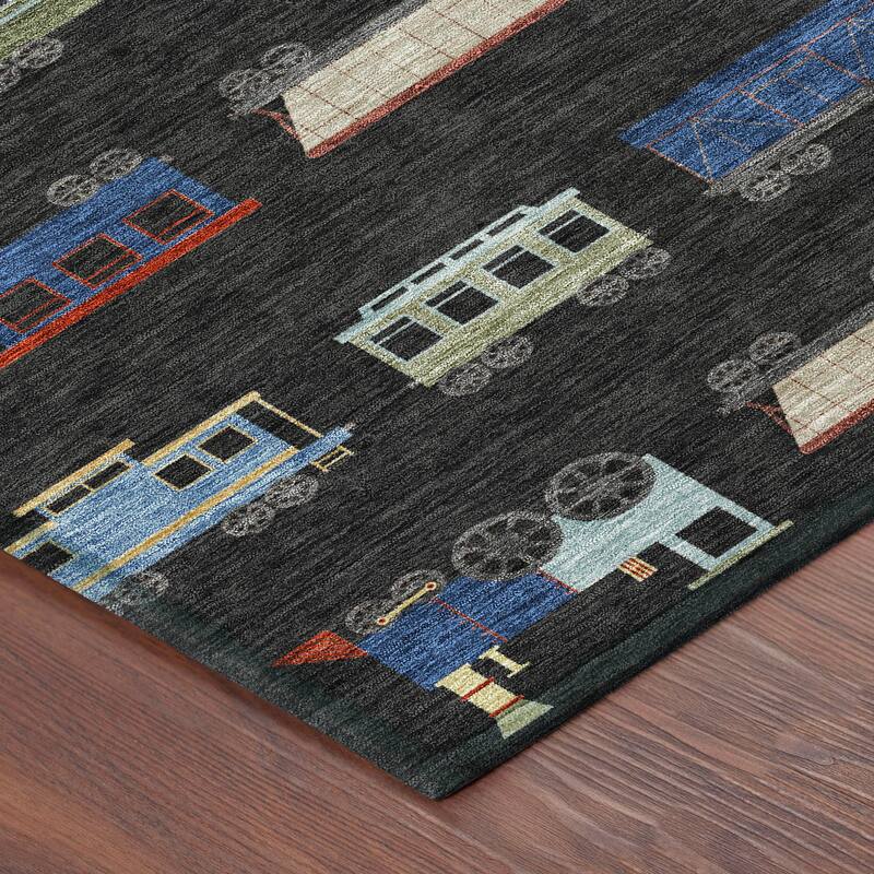 Machine Washable Indoor/ Outdoor Modern Train Chantille Rug