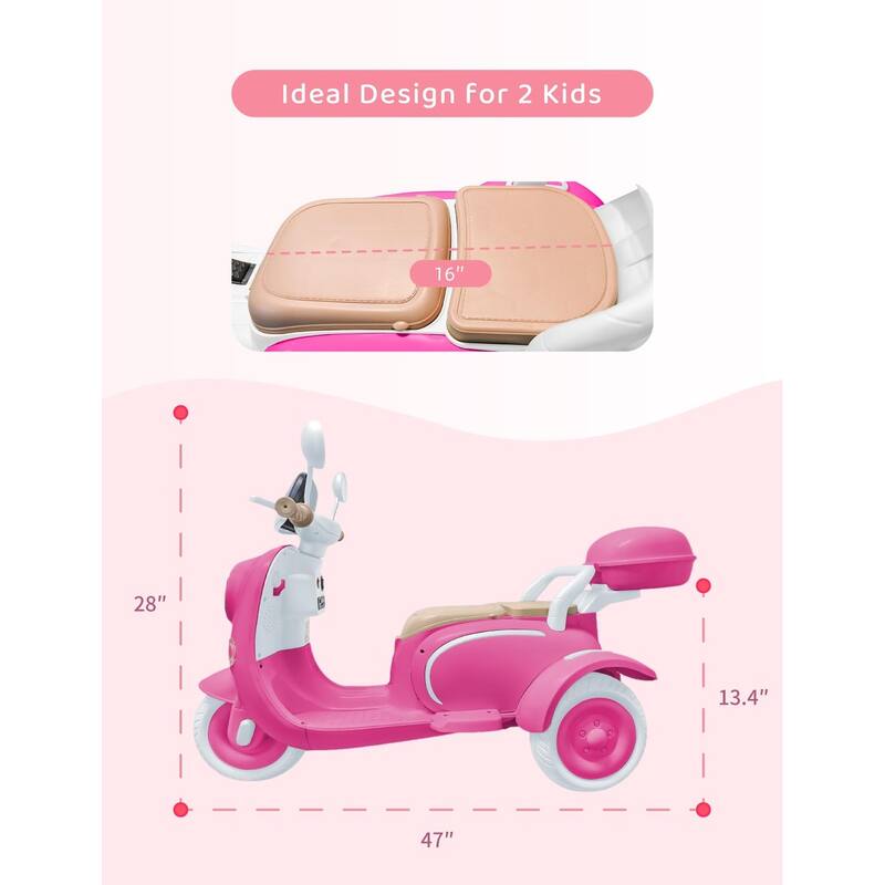 Girls Electric Motorcycle, 2-Seater Kids Motorcycle,12V Ride On Scooter for Kids, Cute Design with Stable 3-Wheel, Ages 3-6