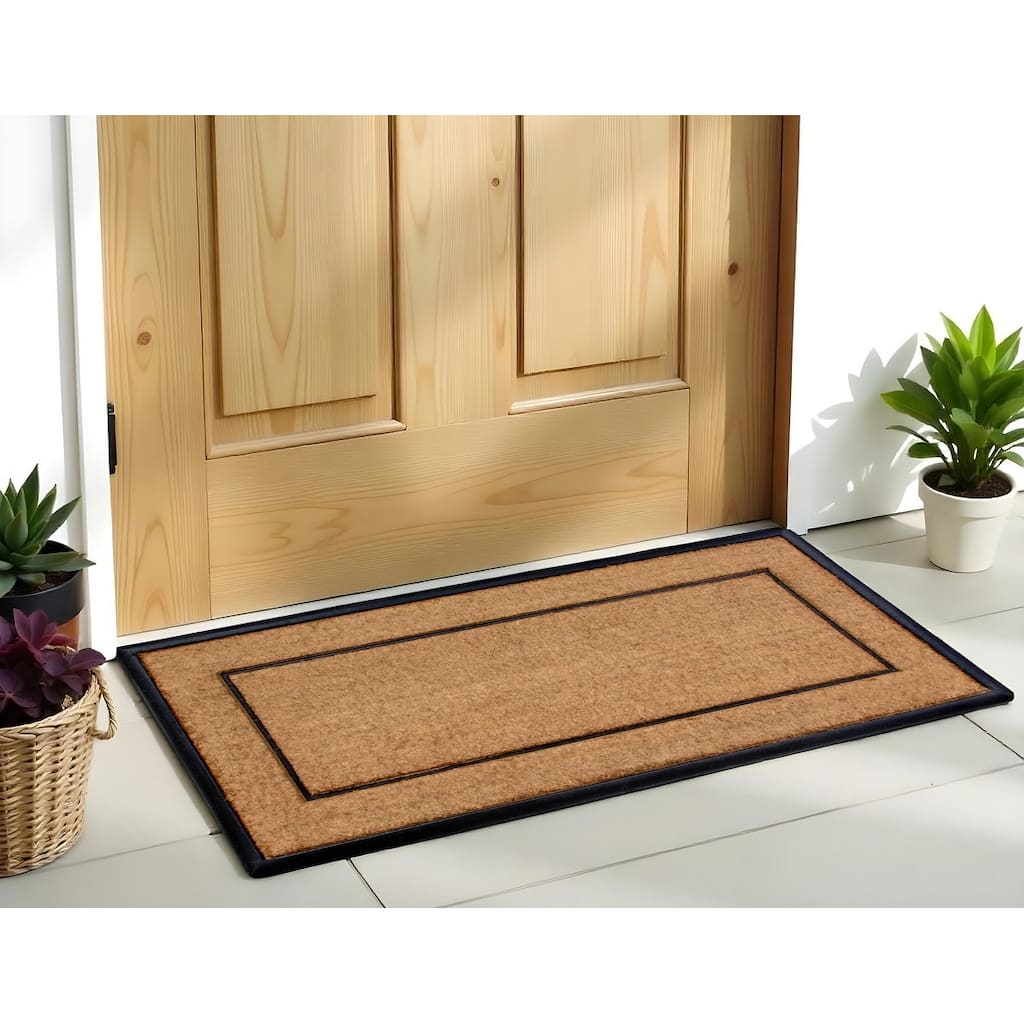 HomeRoots 24" X 48" Natural And Black Striped Border Outdoor Coir And Rubber Door Mat - 24' X '48