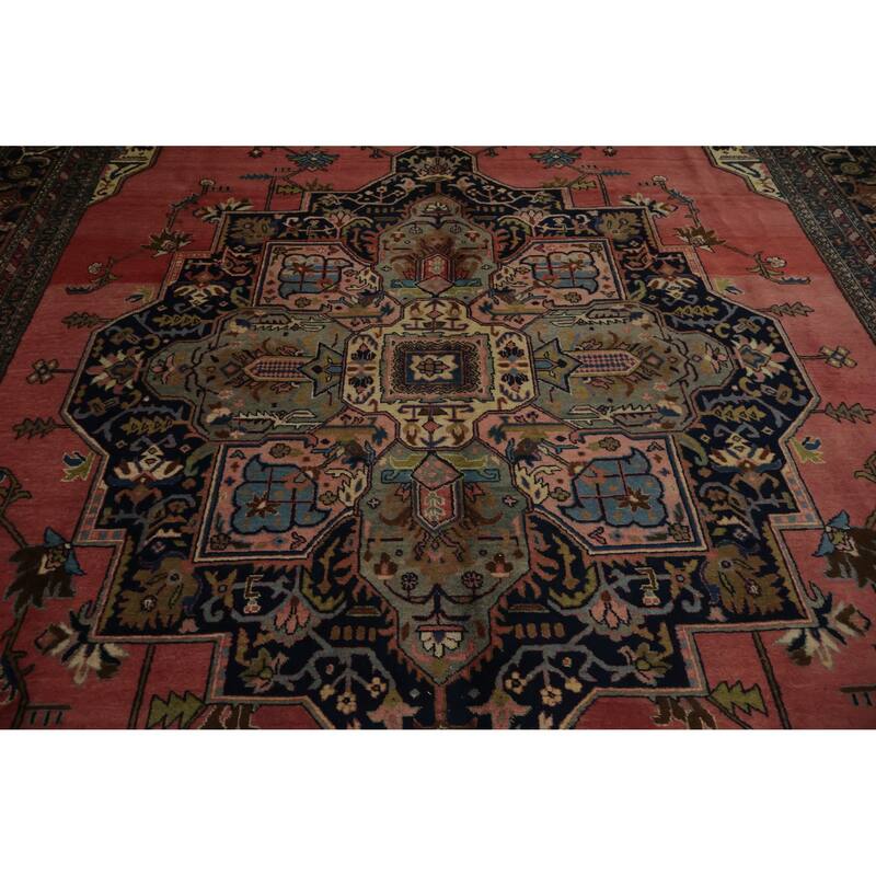 Hand Knotted Oriental 100% Wool Carpet Traditional Medallion Pink Heriz Area Rug - 12' 8'' X 9' 1''