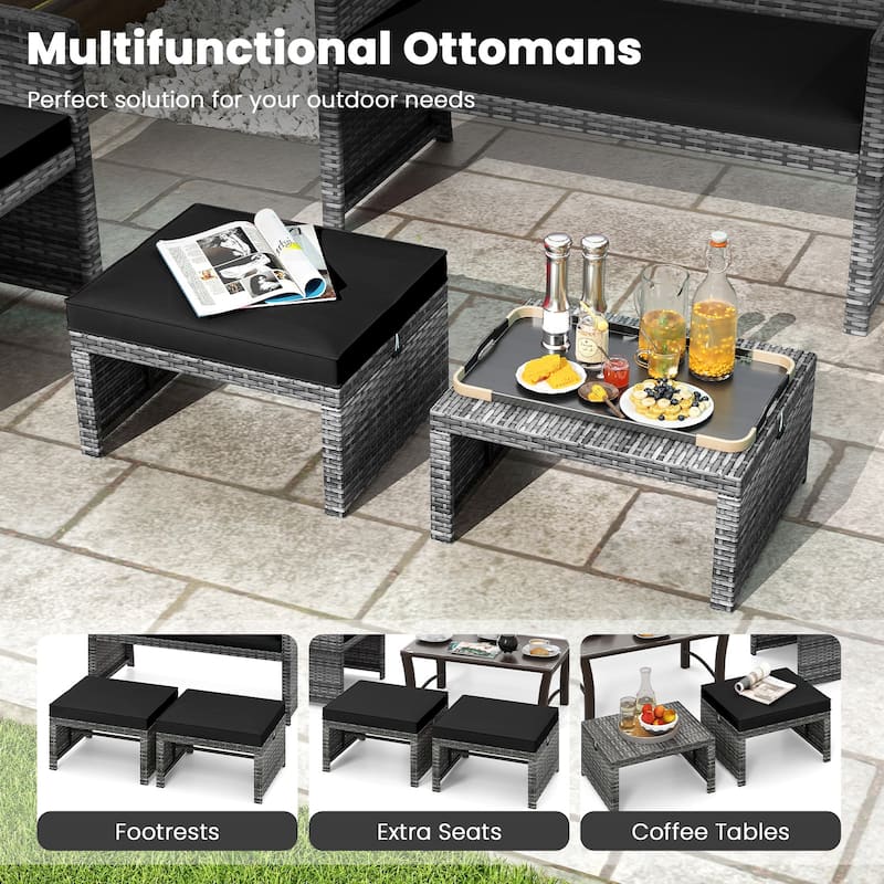 PE Rattan Outdoor Ottomans with Cushions, Footrest Seats or Tables - 16" L x 19" W x 9.5" H