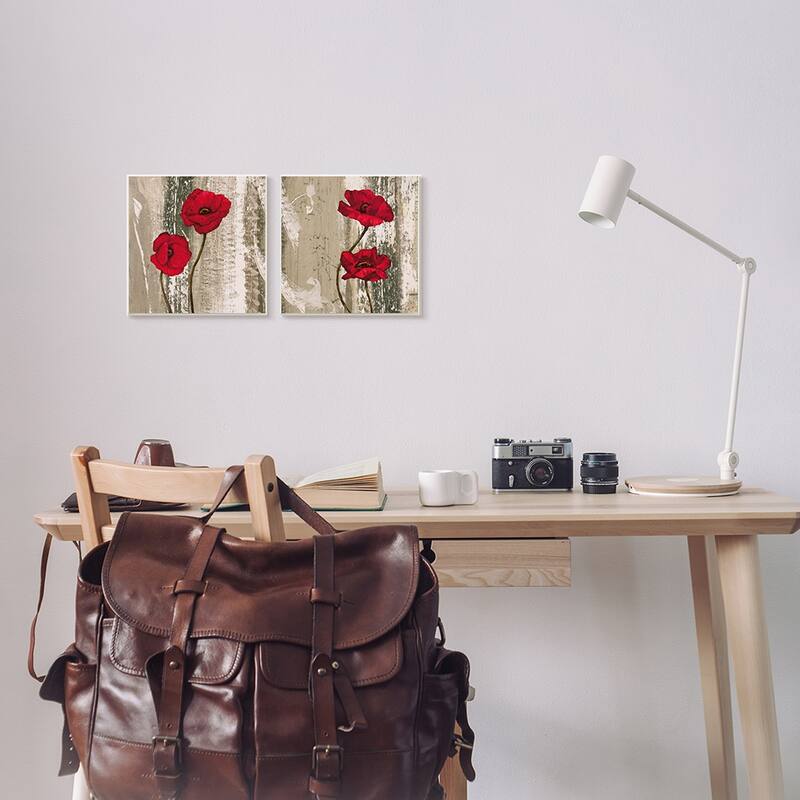 Stupell Vibrant Red Poppies Rustic Brown Wood Grain, 2pc Multi Piece Canvas Wall Art Set