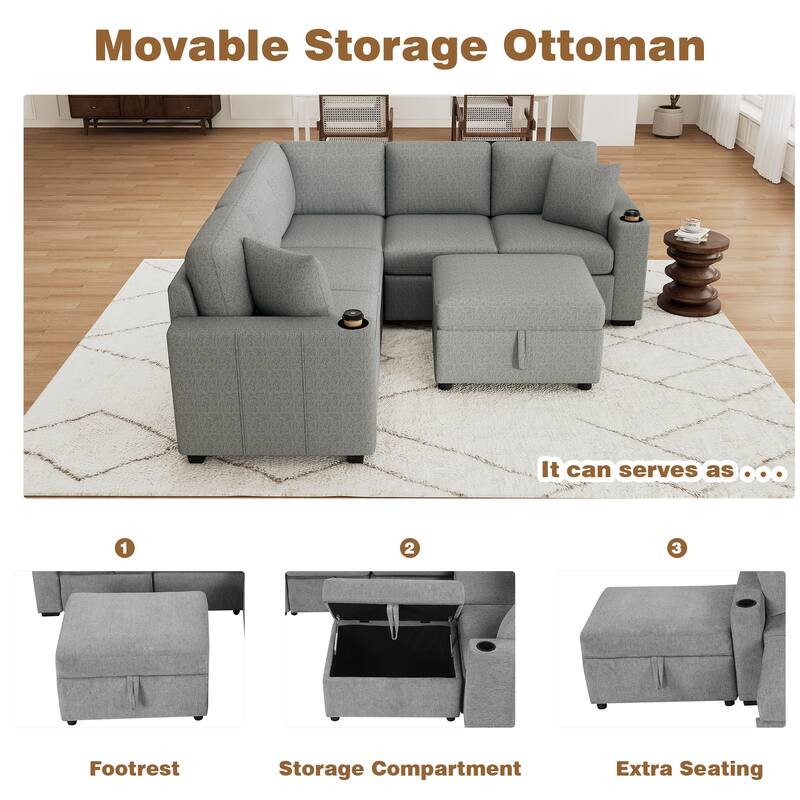 Convertible Sectional Sofa with Pull-out Sofa Bed and Dual Cup Holders