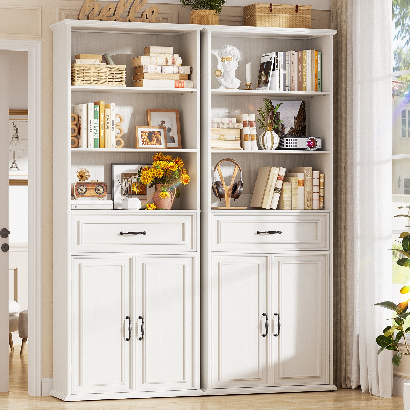85.8'' Tall Bookcase with Movable Footstool and 6-Tier Open