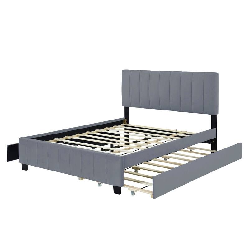 Queen Size Velvet Upholstered Platform Bed with 2 Drawers and 1 Twin XL Trundle
